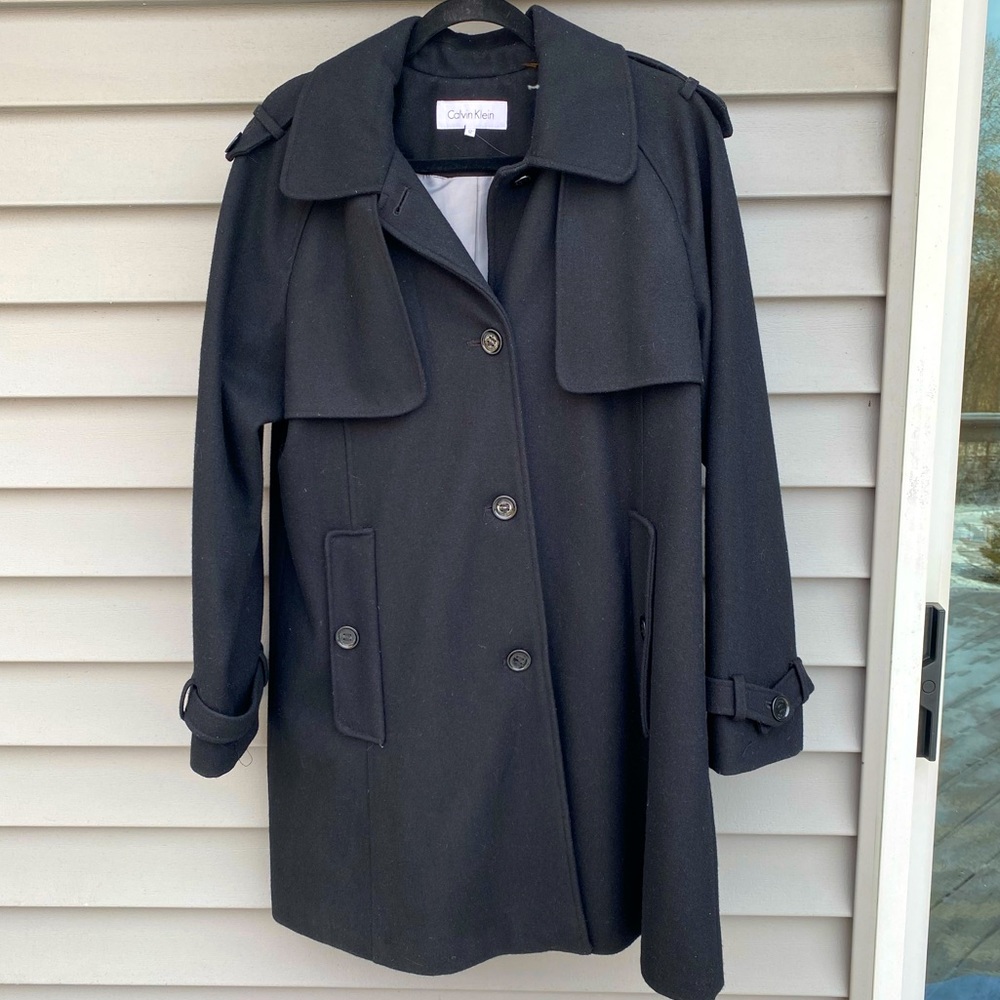 NWOT Calvin Klein Black Wool Blend Long Peacoat Trench coat